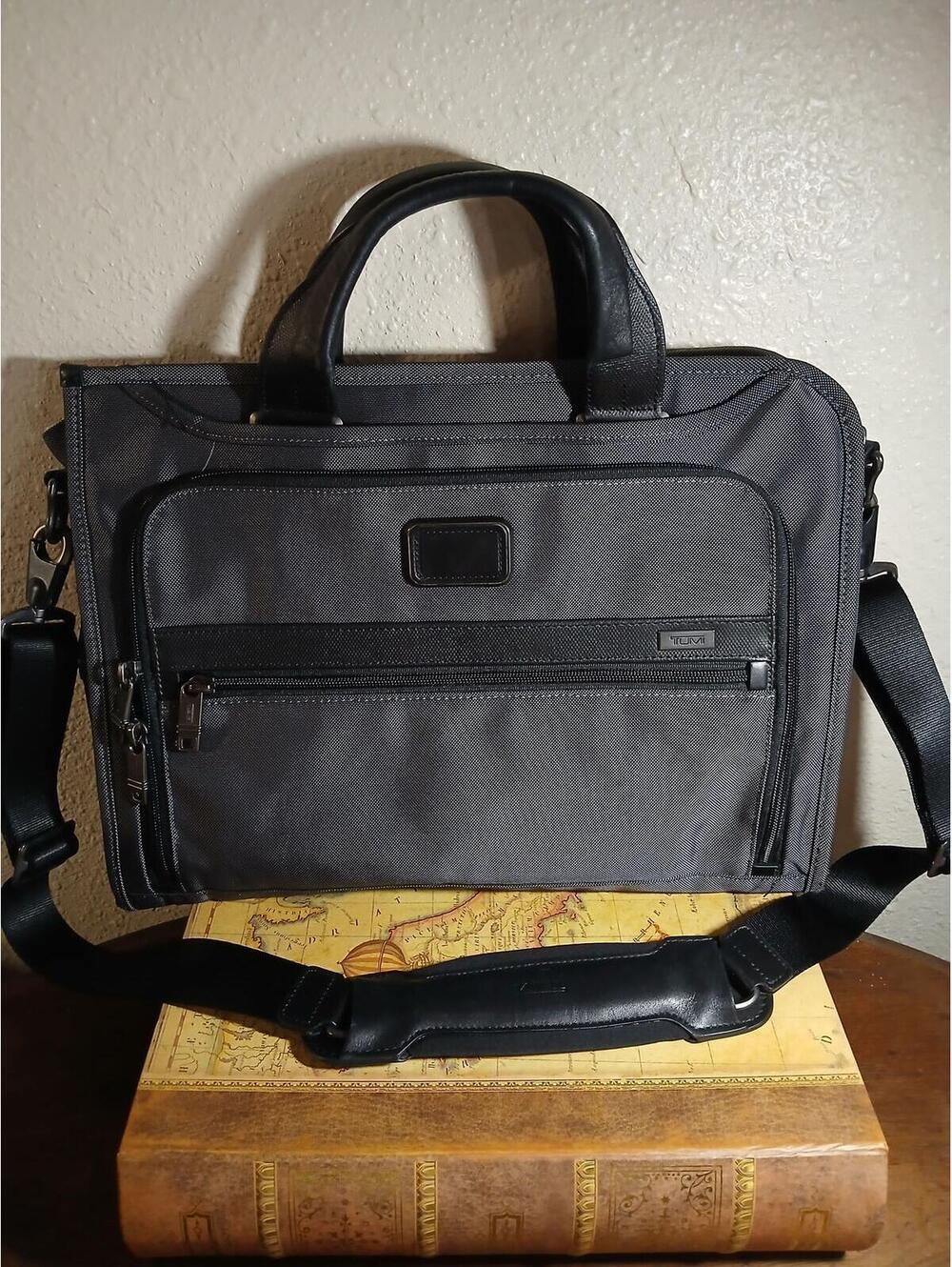 Tumi Black Nylon and Leather Briefcase Laptop Bag with Adjustable Shoulder Strap